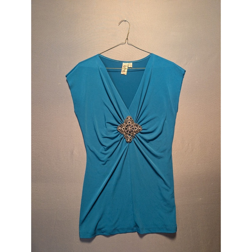 L8ter Womens Large Blue V Neck Draped Top Rhinestone Brooch Blouse